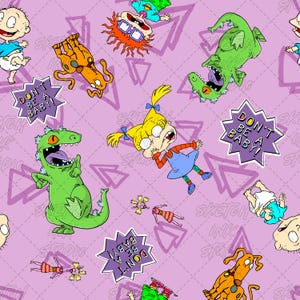 Può includere: Un motivo ripetitivo su sfondo viola chiaro con personaggi dei cartoni animati, tra cui un dinosauro verde, una bambina bionda con un vestito blu, un cane e un neonato. I fumetti viola a forma di stella contengono il testo DON'T BE A BABY!