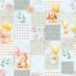 Motivo senza soluzione di continuità con orsacchiotti e coniglietti ad acquerello, carta digitale patchwork pastello per cameretta, PNG di animali carini senza soluzione di continuità, uso commerciale