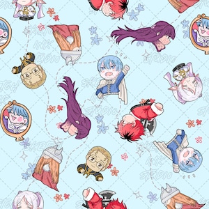 Op de afbeelding: Een lichtblauw stofpatroon met herhalende chibi-stijl anime-figuren, waaronder personages met blauw haar, rood haar en gehoornde helmen, afgewisseld met kleine roze en blauwe bloemen en de vage tekst Sketch Ink Studio.