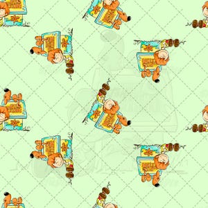 Puede incluir: Un patrón repetitivo sobre un fondo verde claro que muestra a un personaje de dibujos animados con pelo naranja y un perro marrón sentados junto a una caja azul con la etiqueta Mystery Machine y un diseño de flor naranja en varias posiciones.