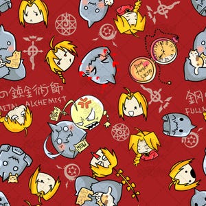 May include: A red fabric pattern featuring chibi-style illustrations of characters from Fullmetal Alchemist, including yellow-haired figures, grey armored helmets, cats, and a pocket watch with the text Don't forget 3.OCT.11, alongside alchemical symbols.
