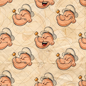 Puede incluir: Un patrón repetitivo que presenta al personaje de dibujos animados Popeye el marino, representado con un sombrero de marinero blanco y una pipa amarilla. El personaje tiene una tez color melocotón y muestra varias expresiones sobre un fondo beige.