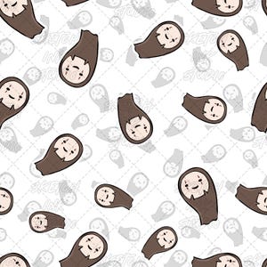 May include: A repeating pattern on a white background featuring cartoon figures with pale faces, black eyes, and small mouths, wearing brown cloaks. The design includes faint, watermark-style text reading SKETCH INK STUDIO in a diagonal grid layout.