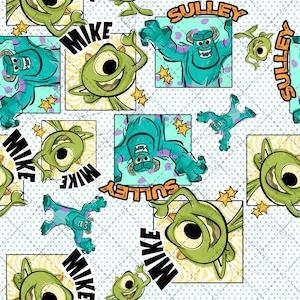 May include: A repeating fabric pattern featuring cartoon characters Mike and Sulley from Monsters Inc. The design includes green one-eyed monsters and blue furry monsters with horns, interspersed with yellow stars and text reading MIKE and SULLEY.