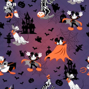 May include: A seamless fabric pattern featuring cartoon characters in Halloween costumes, including vampires, mummies, and witches. The design includes black haunted houses, spider webs, bats, pumpkins, and tombstones on a purple gradient background.