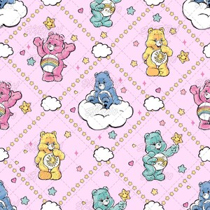 May include: A repeating pattern on a light pink background featuring cartoon bears in shades of pink, yellow, and blue. The bears are depicted with various belly symbols, including rainbows and suns, surrounded by white clouds and yellow stars.