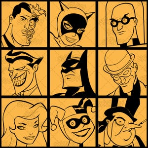 Pode incluir: Uma grade de nove ilustrações quadradas com retratos estilizados em tinta preta de personagens de quadrinhos em um fundo laranja sólido. Os personagens incluem Duas-Caras, Mulher-Gato, Hugo Strange, Coringa, Batman, Charada, Hera Venenosa, Arlequina e Pinguim.