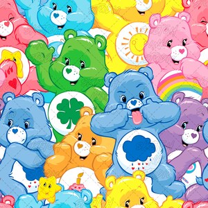 May include: A repeating pattern featuring various colorful Care Bears characters including green, blue, pink, yellow, and purple bears. Each bear displays a unique belly badge such as a clover, rainbow, sun, or cloud, set against a bright background.