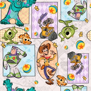 May include: A repeating pattern fabric featuring colorful illustrations of animated characters including Sulley, Mike Wazowski, Nemo, Wall-E, Buzz Lightyear, and Woody, interspersed with yellow and blue star balls on a light background.