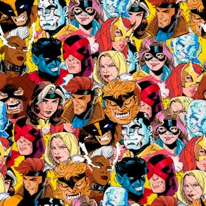 Peut inclure: Un motif répétitif et vibrant présentant un collage de visages de personnages de bandes dessinées, dont Wolverine, Storm, Cyclops, Beast, Rogue, Gambit et Jean Grey. L'illustration utilise des lignes audacieuses sur un fond jaune.