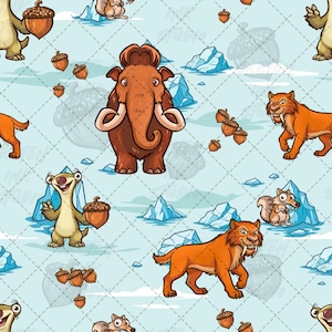 Puede incluir: Un patrón continuo con animales prehistóricos de dibujos animados, incluyendo un mamut lanudo marrón, un perezoso beige y un tigre dientes de sable naranja, intercalados con bellotas marrones e icebergs azul claro sobre fondo azul pálido.