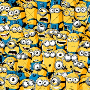 Può includere: Un motivo ripetitivo con numerosi personaggi Minion gialli con grandi occhiali dalla montatura argentata e salopette blu. I personaggi mostrano varie espressioni facciali, tra cui ampi sorrisi, sguardi sorpresi e sguardi neutri.