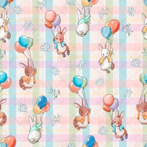 Set 3, Pattern Bundle Watercolor Bunny with Balloons Seamless  Cute Rabbit Digital Paper Pack, 3 Color Way PNG File
