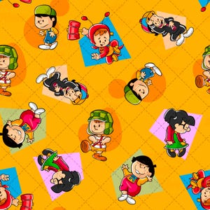 Pode incluir: Um padrão repetitivo sobre um fundo amarelo brilhante com vários personagens de desenhos animados em trajes coloridos, incluindo uma criança com um chapéu verde, um personagem com um traje de super-herói vermelho e um martelo, e uma criança de óculos.