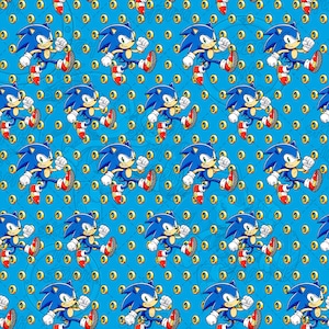 Pode incluir: Um padrão repetitivo num fundo azul brilhante com a personagem Sonic the Hedgehog numa pose de corrida, usando luvas brancas e ténis vermelhos e brancos, intercalado com numerosos pequenos anéis dourados amarelos.