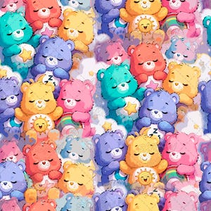 Op de afbeelding: Een herhalend patroon met meerdere Care Bears in verschillende kleuren, waaronder turkoois, geel, roze en paars. De beren zijn slapend of rustend afgebeeld tussen zachte witte wolken, waarbij sommigen symbolen vasthouden zoals sterren, zonnen en regenbogen.