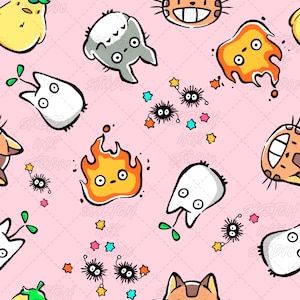 Peut inclure: Un motif répétitif sur fond rose clair représentant des illustrations de dessins animés de petites créatures blanches avec des pousses vertes, des esprits de feu orange, des suies noires duveteuses avec des étoiles colorées et des visages de chat orange.