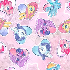 May include: A repeating pattern on a light pink background featuring My Little Pony characters including Pinkie Pie, Fluttershy, Rainbow Dash, Rarity, and Twilight Sparkle, each framed within a heart shape with a subtle watermark overlay.