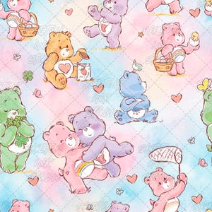 Patrón sin costuras de osos de acuarela, papel digital de osito de peluche con nubes arcoíris, diseño de tela infantil en tonos pastel nostálgicos, imágenes prediseñadas de estrellas lindas en formato PNG.