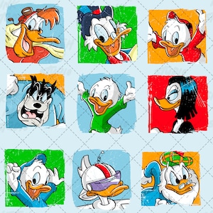 Pode incluir: Uma grade de nove painéis quadrados com personagens de patos de desenhos animados coloridos. Cada painel exibe um personagem diferente com expressões, roupas e acessórios distintos, sobre fundos vibrantes em azul, verde, laranja e vermelho.