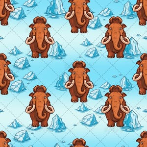 Puede incluir: Un patrón repetitivo que presenta mamuts lanudos de dibujos animados en color marrón con colmillos curvos y pelaje marrón claro, intercalados con icebergs azul claro sobre un fondo azul pálido con una sutil cuadrícula diagonal de líneas.