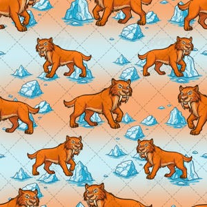 May include: A repeating pattern featuring orange saber-toothed tigers with prominent fangs walking across a light orange and blue gradient background interspersed with scattered light blue icebergs and a faint diagonal grid line overlay.
