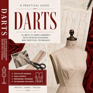 Puede incluir: Un libro titulado A Practical Guide DARTS 23 Ways to Shape Garments with Detailed Diagrams and Practical Techniques. La portada muestra un maniquí de costura beige, patrones de costura, tijeras y detalles en tela roja.