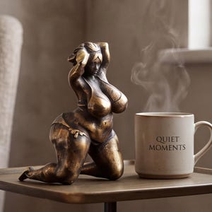 Może przedstawiać: Brązowa rzeźba klęczącej postaci z rękami za głową, umieszczona obok kremowego ceramicznego kubka z czarnym napisem QUIET MOMENTS, z widoczną parą unoszącą się z górnej części kubka.