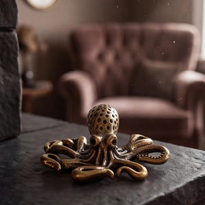 May include: A small, metallic bronze-colored octopus figurine with a textured, spotted head and eight curved tentacles. The sculpture features a weathered, antique finish with dark recessed areas highlighting the detailed suckers and body shape.