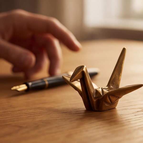 Vintage Brass Origami Crane Ornament – Antique-Finish Metal Bird Sculpture, Zen Decor