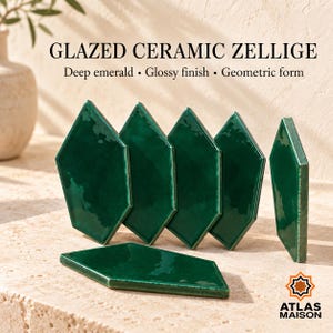 May include: Deep emerald green glazed ceramic Zellige tiles with a glossy finish and geometric form. The text reads GLAZED CERAMIC ZELLIGE, Deep emerald, Glossy finish, Geometric form, and the logo for ATLAS MAISON is visible in the corner.