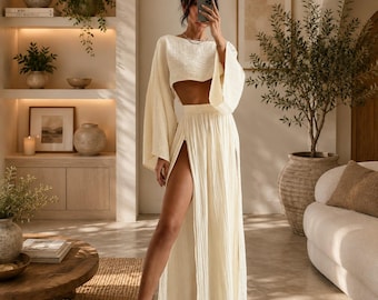 Women's Matching Set, Long Sleeve Crop Top, Slit Maxi Skirt, Vacation Outfit, Resort Wear