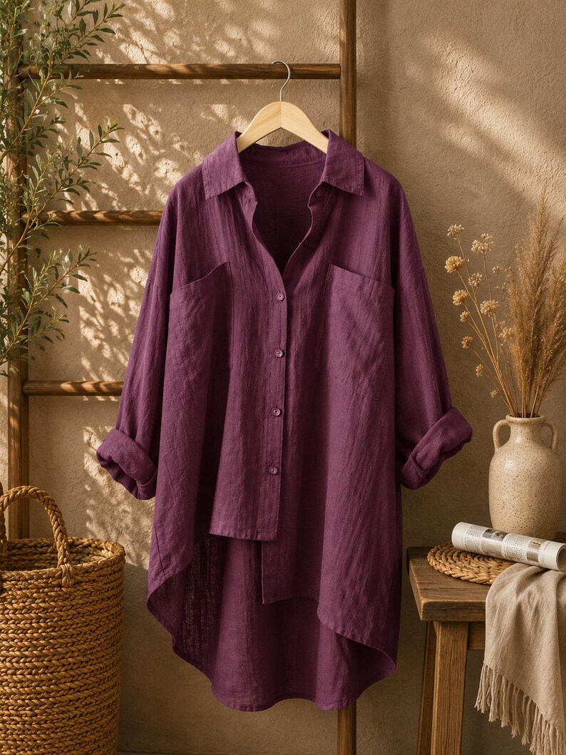 May include: A deep purple long-sleeve button-down shirt featuring a collared neckline, two large chest pockets, and an asymmetrical hemline that is shorter in the front and longer in the back, displayed on a wooden hanger.