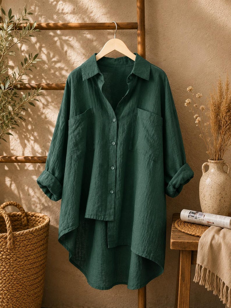 May include: A dark green button-down shirt with a collar, long sleeves with rolled cuffs, and two chest pockets. The shirt features an asymmetrical hemline that is shorter in the front and longer in the back, crafted from a textured fabric.