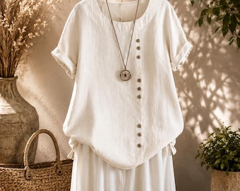 Women's Cotton Top Short Sleeve Casual Loose Blouse Summer Tunic Boho Shirt Oversized Everyday