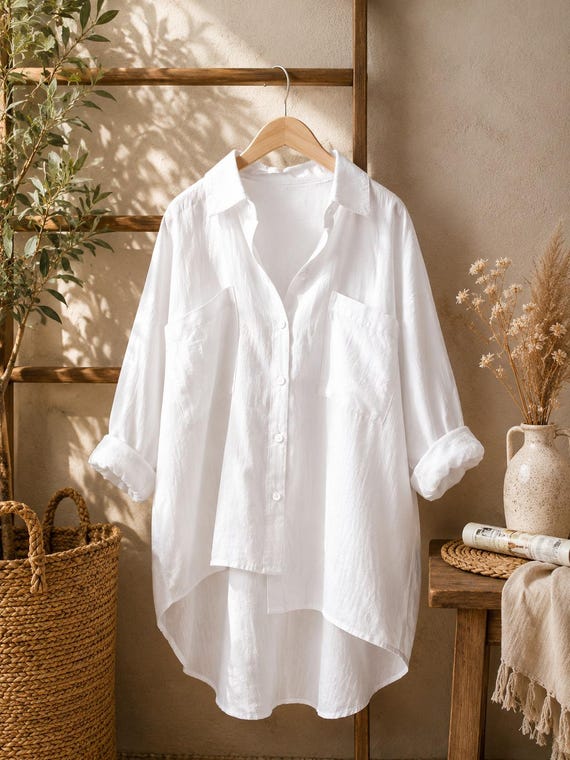 Women's Oversized Button Down Tunic Blouse Casual Long Sleeve Shirt Imitation Cotton Linen Top