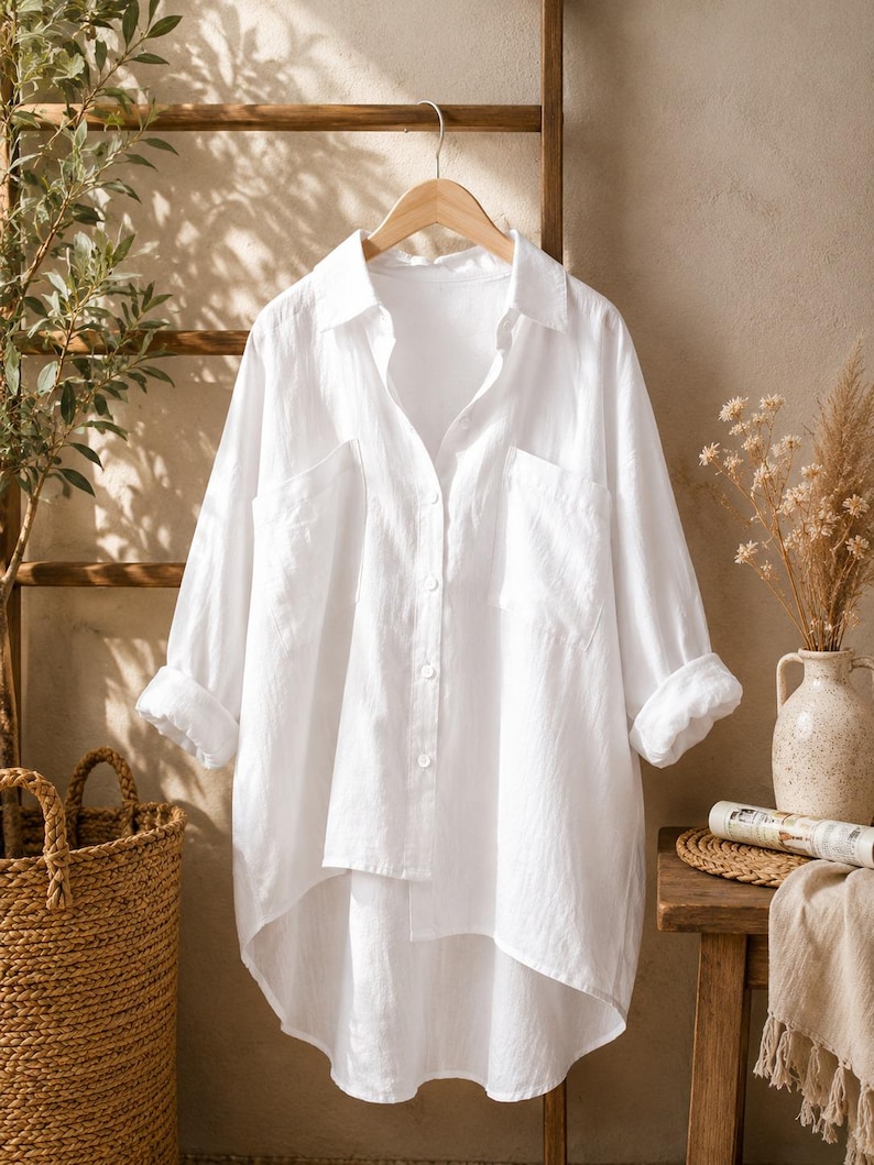 May include: A crisp white button-down shirt featuring a classic collar, long sleeves with rolled cuffs, and two front chest pockets. The garment has a high-low hemline with a longer back panel and is displayed on a wooden hanger.