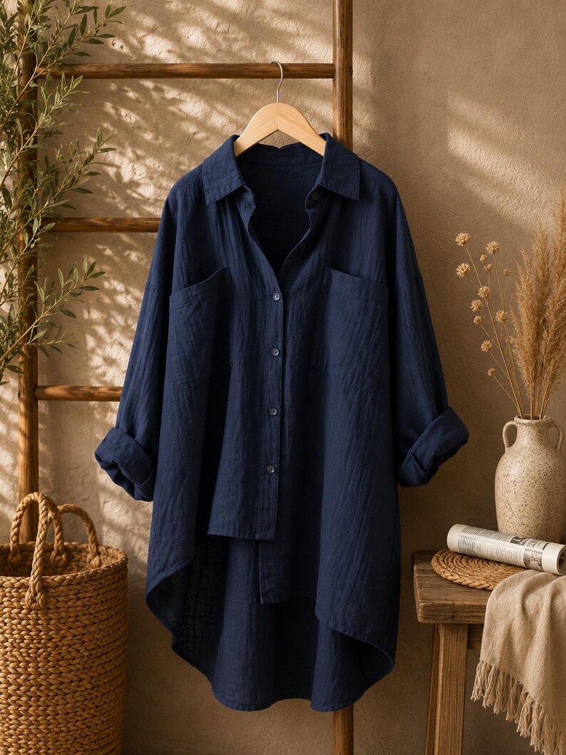 May include: A dark navy blue long-sleeve button-down shirt with a collared neckline, two front chest pockets, and a high-low hemline. The shirt features a textured fabric finish and is displayed on a wooden hanger with sleeves rolled up.