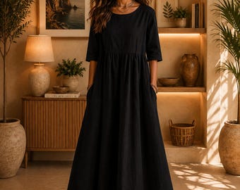 Women Cotton Linen Maxi Dress, 3/4 Sleeve Loose A Line Summer Casual Outfit
