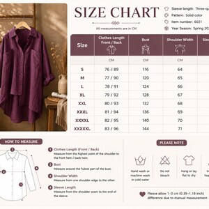 May include: A solid purple button-down shirt with three-quarter sleeves, displayed alongside a size chart with measurements in cm, a how-to-measure diagram, and care instructions. The shirt features a high-low hemline and two chest pockets.