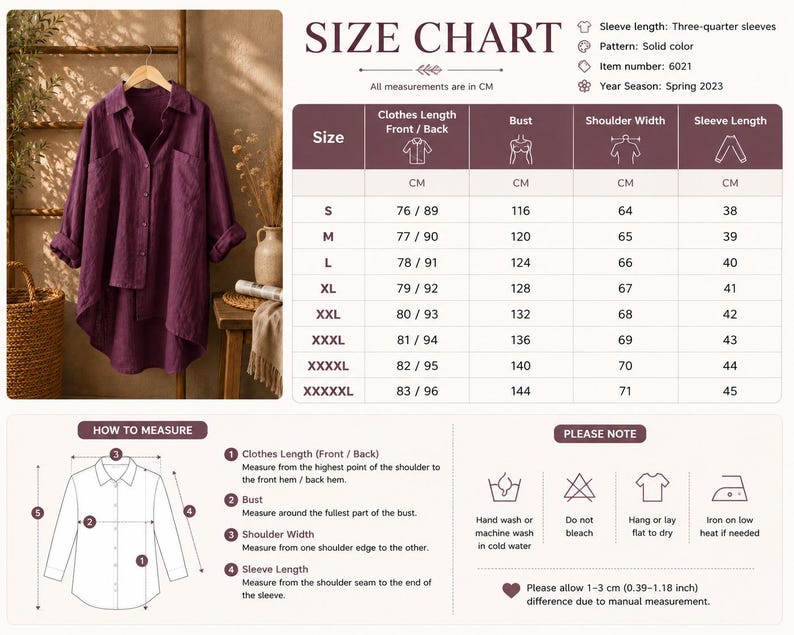 May include: A solid purple button-down shirt with three-quarter sleeves, displayed alongside a size chart with measurements in cm, a how-to-measure diagram, and care instructions. The shirt features a high-low hemline and two chest pockets.