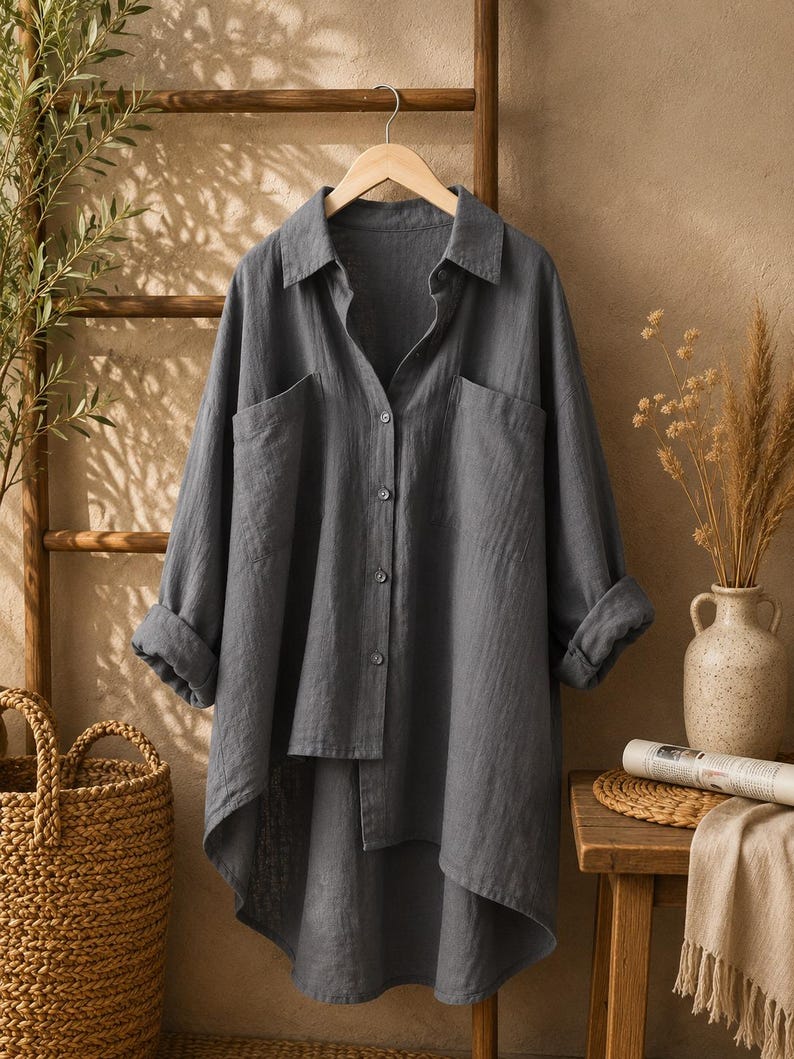 May include: A charcoal gray long-sleeve button-down shirt featuring a classic collar, two large chest pockets, and a high-low hemline. The shirt is displayed on a wooden hanger and has a textured fabric appearance with cuffed sleeves.