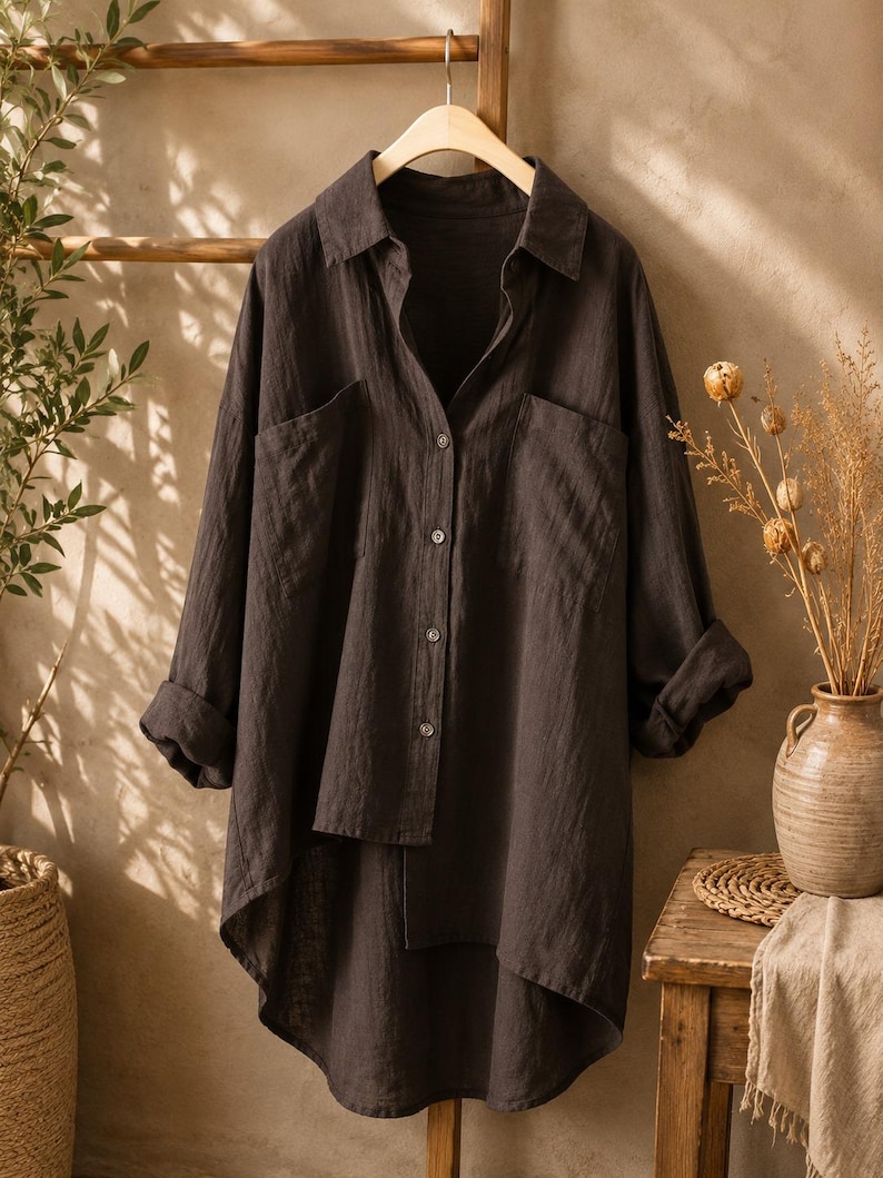 May include: A dark brown long-sleeve button-down shirt with a collar, two front chest pockets, and a high-low hemline. The shirt features a textured fabric, cuffed sleeves, and a button-up front closure, hanging on a wooden hanger.