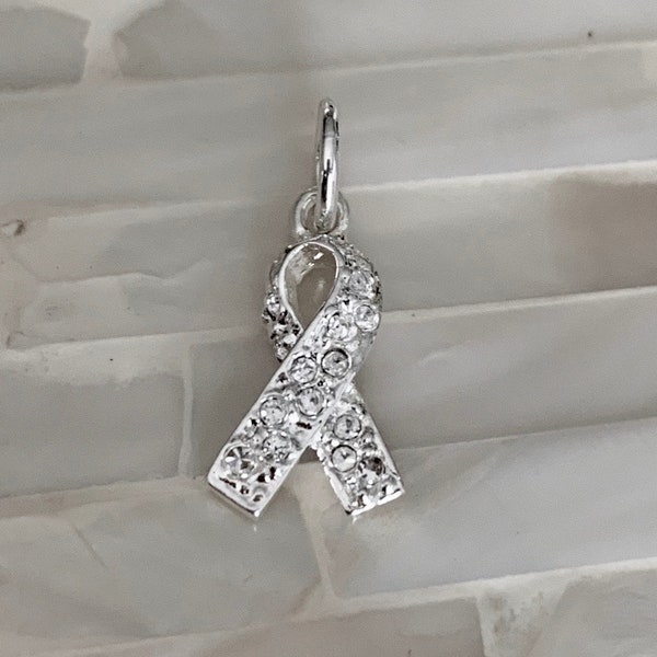 Lung Cancer Awareness Ribbon Charm - Lung Cancer- Survivor Gift- Fighter Gift- Honor a Loved One- White Ribbon- Clear Swarovski Crystals