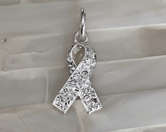 Lung Cancer Awareness Ribbon Charm - Lung Cancer- Survivor Gift- Fighter Gift- Honor a Loved One- White Ribbon- Clear Swarovski Crystals