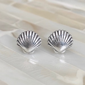 Clam Shell Earrings- Sterling Silver Earrings- Beach Jewelry- Summer Jewelry- Ocean Jewelry- Little Girl Earrings- Stud Earrings