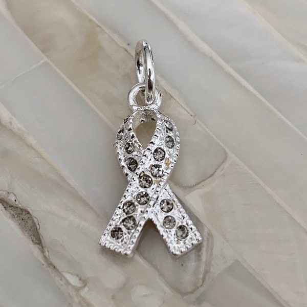 Gray Ribbon Charm- Sterling Silver- Diabetes Awareness Ribbon- Brain Cancer- Gray Awareness Pendant-Childhood Depressions