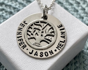Personalized Sterling Silver Family Tree Necklace - Hand Stamped Names