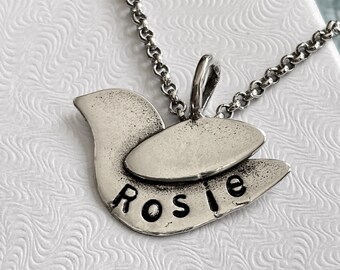 Bird Personalized Charm Necklace- Dove Charm- Sterling Silver- Hand Stamped- Religious Gift- Mama Bird Charm- Confirmation gift- Name Date