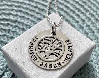 Family Name Necklace- Personalized- Kids Name Necklace- Mom Necklace- Grandma Necklace- Family Tree Charm-  Sterling Silver- Hand Stamped
